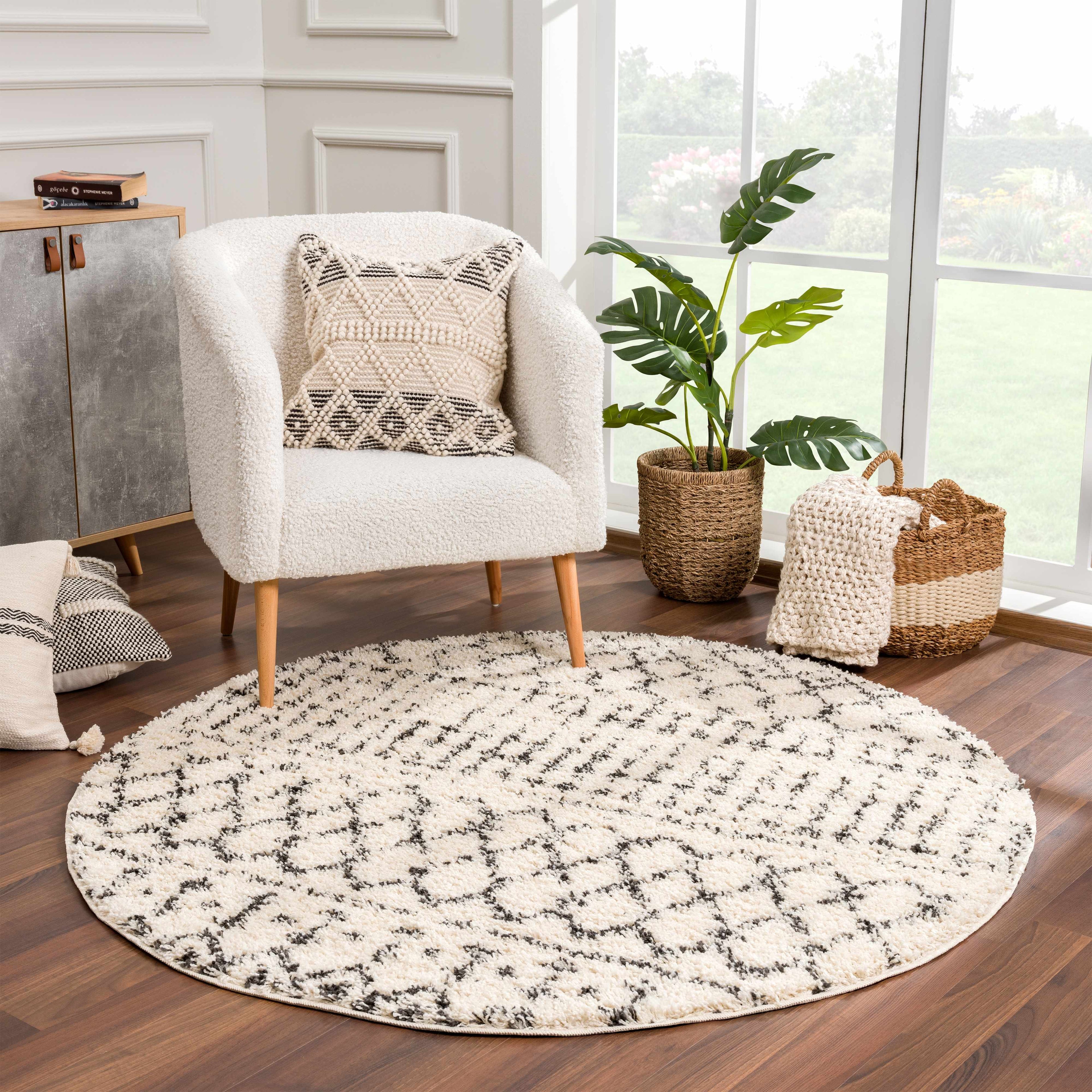 Kibureau Cream Trellis Shag Area Rug-1