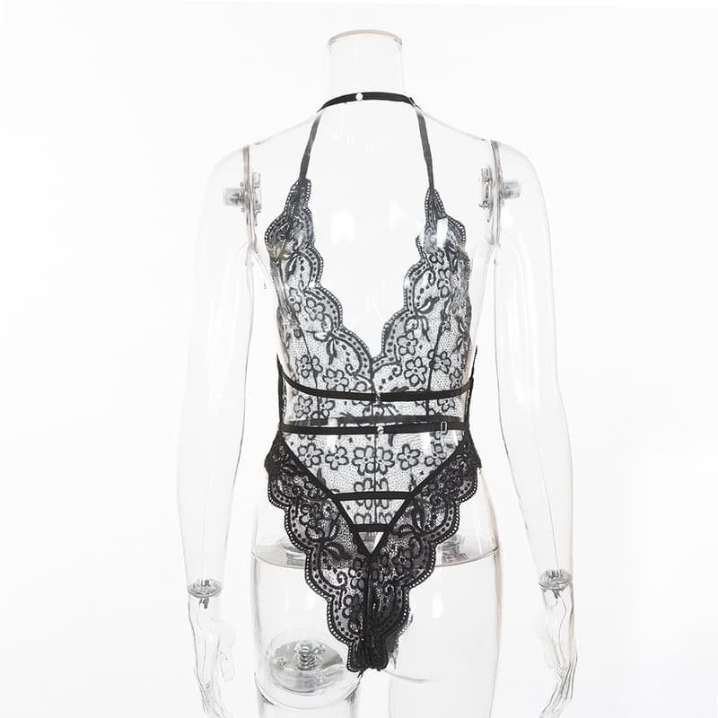 Black Multicolor Lace Floral Sheer Sexy Teddies Back View