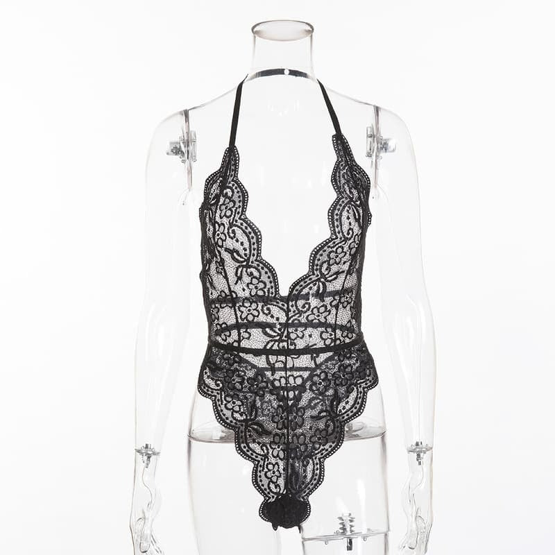 Black Multicolor Lace Floral Sheer Sexy Teddies Front View