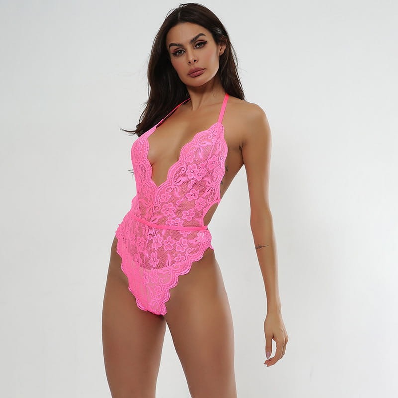 HotPink Multicolor Lace Floral Sheer Sexy Teddies Site View On Model