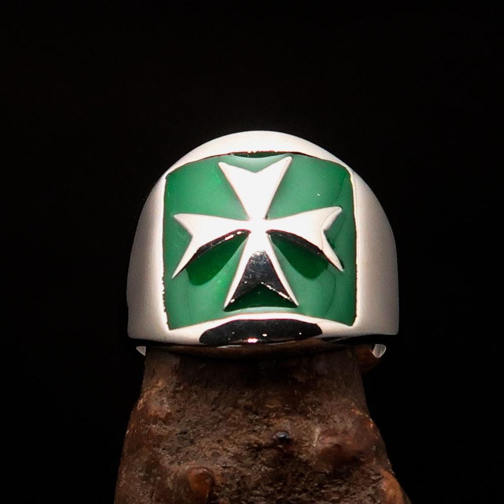 Excellent crafted Men's green Maltese Cross Biker Ring - Sterling Silver-1