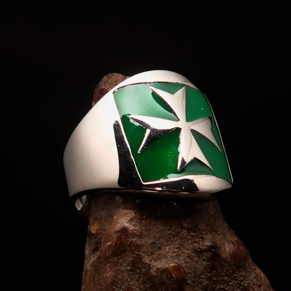 Excellent crafted Men's green Maltese Cross Biker Ring - Sterling Silver-2