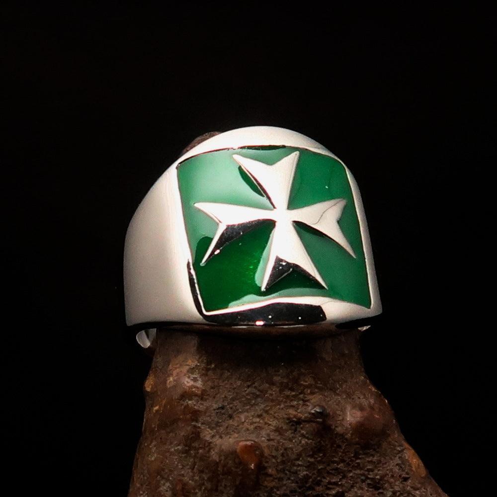 Excellent crafted Men's green Maltese Cross Biker Ring - Sterling Silver-0