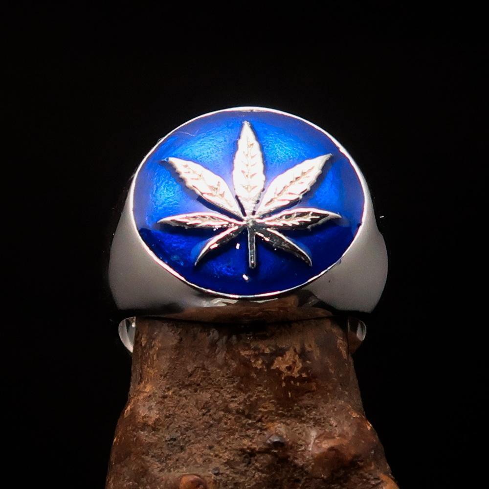 Sterling Silver Men's Ring blue Marihuana Cannabis Leaf-1