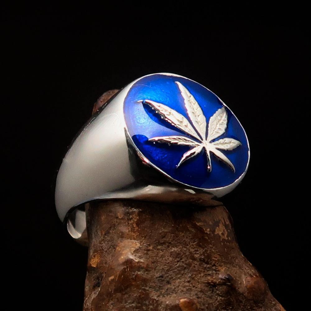 Sterling Silver Men's Ring blue Marihuana Cannabis Leaf-2
