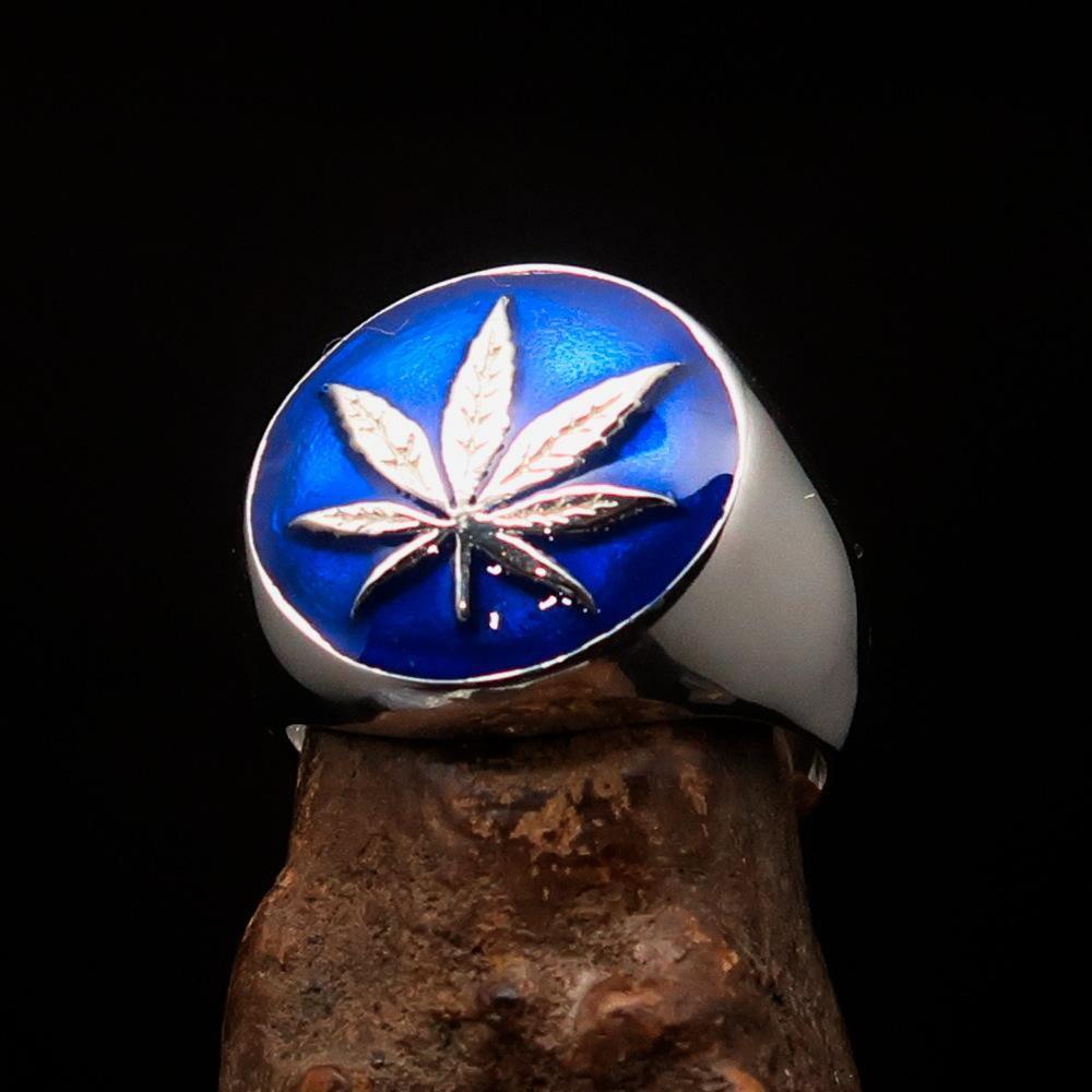 Sterling Silver Men's Ring blue Marihuana Cannabis Leaf-0