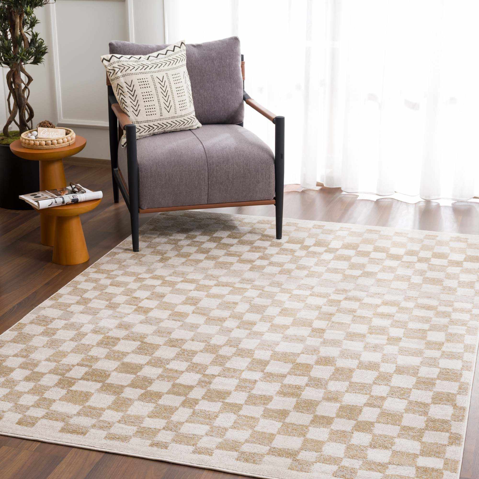 Benjy Cream & Gold Checkered Area Rug-2