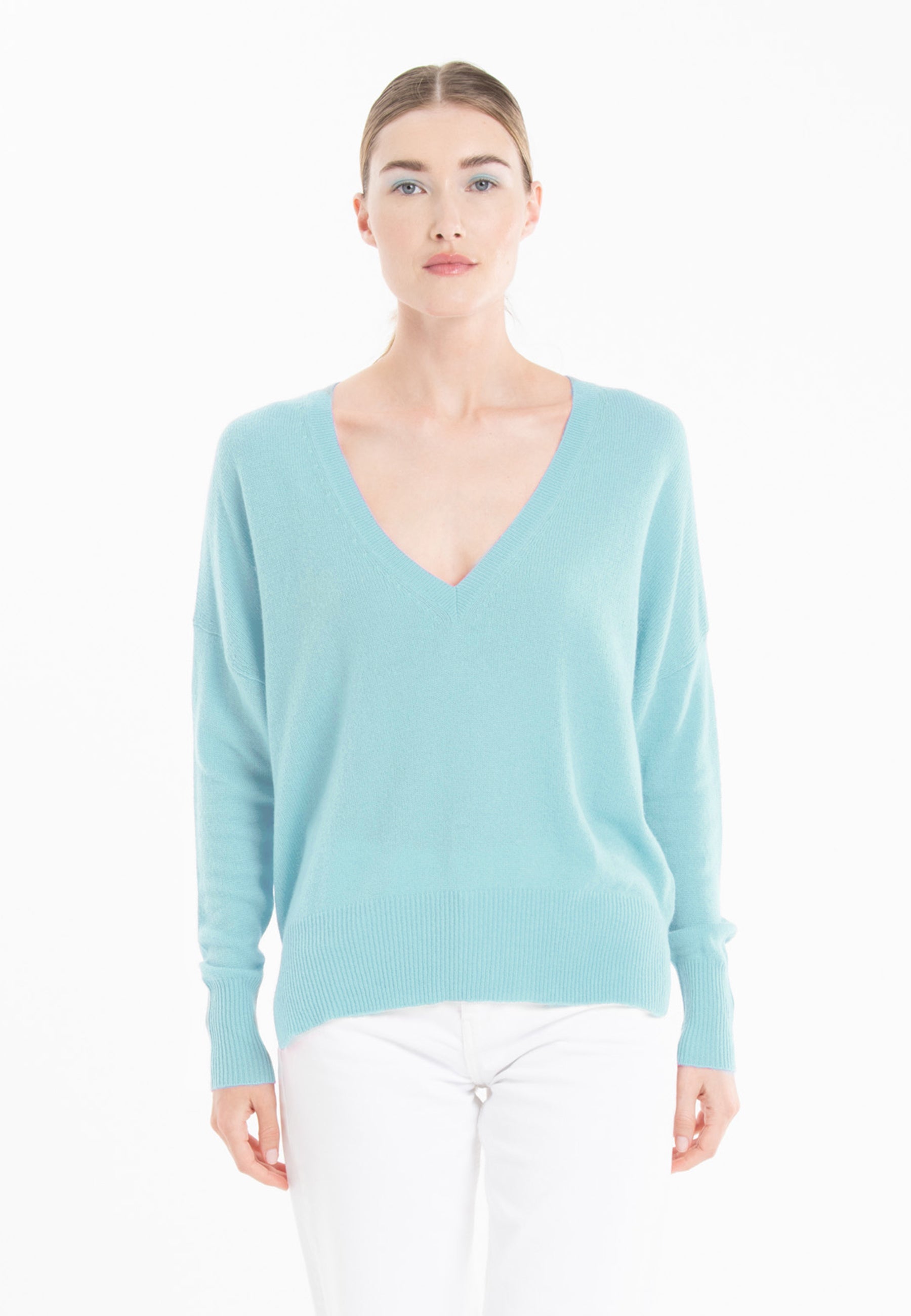 Pull col V cachemire turquoise femme - RIA 3-0