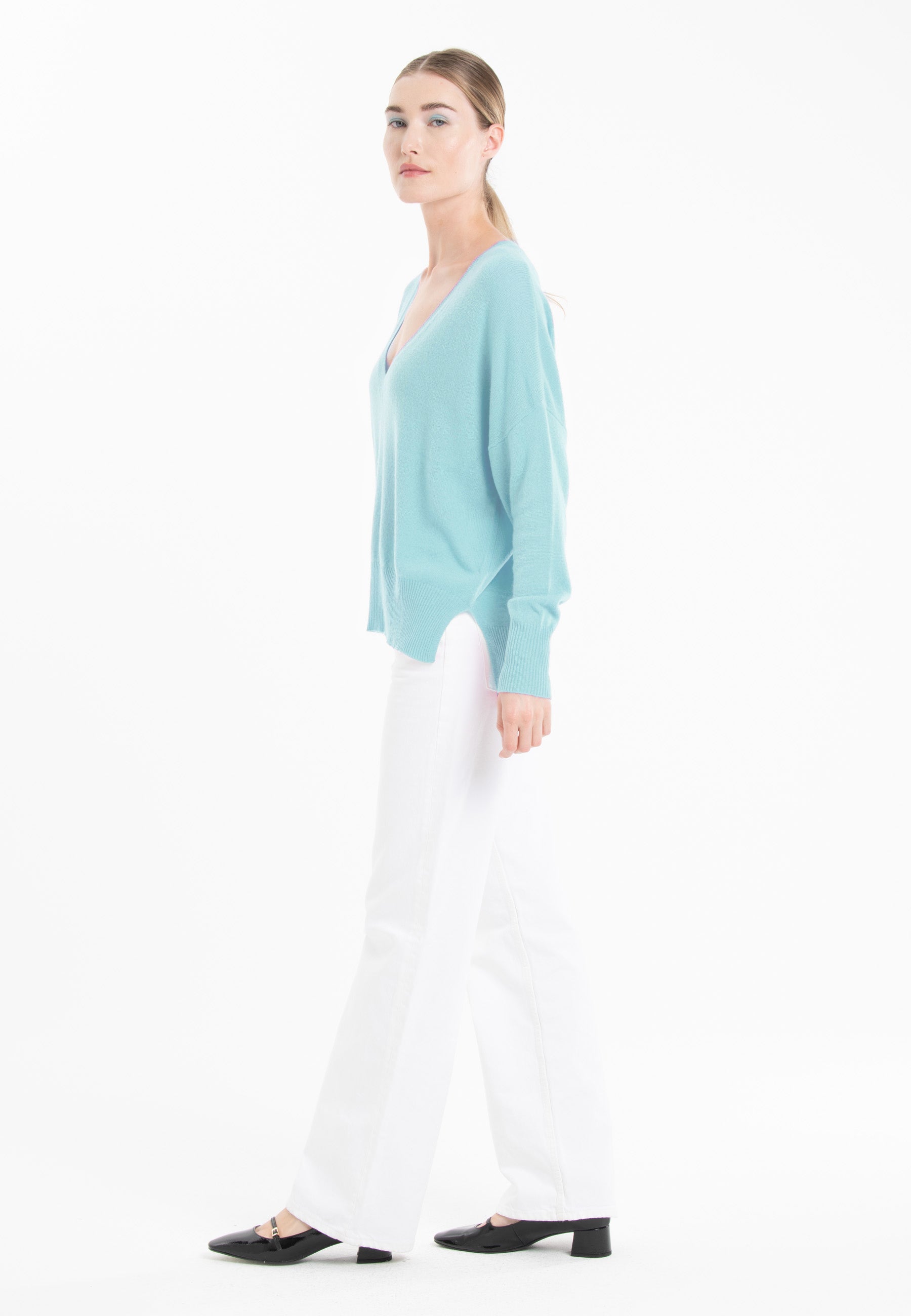 Pull col V cachemire turquoise femme - RIA 3-1