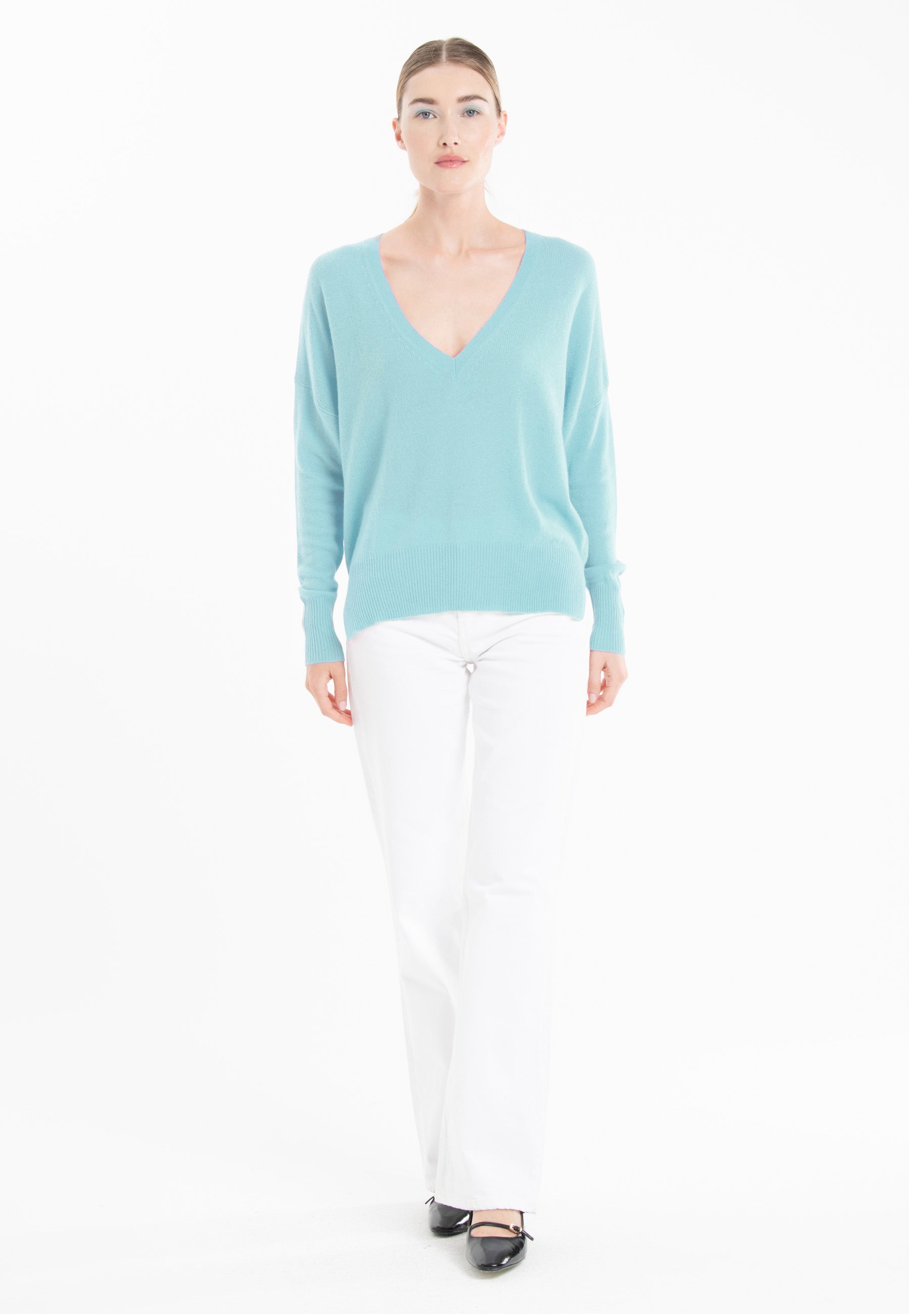 Pull col V cachemire turquoise femme - RIA 3-2