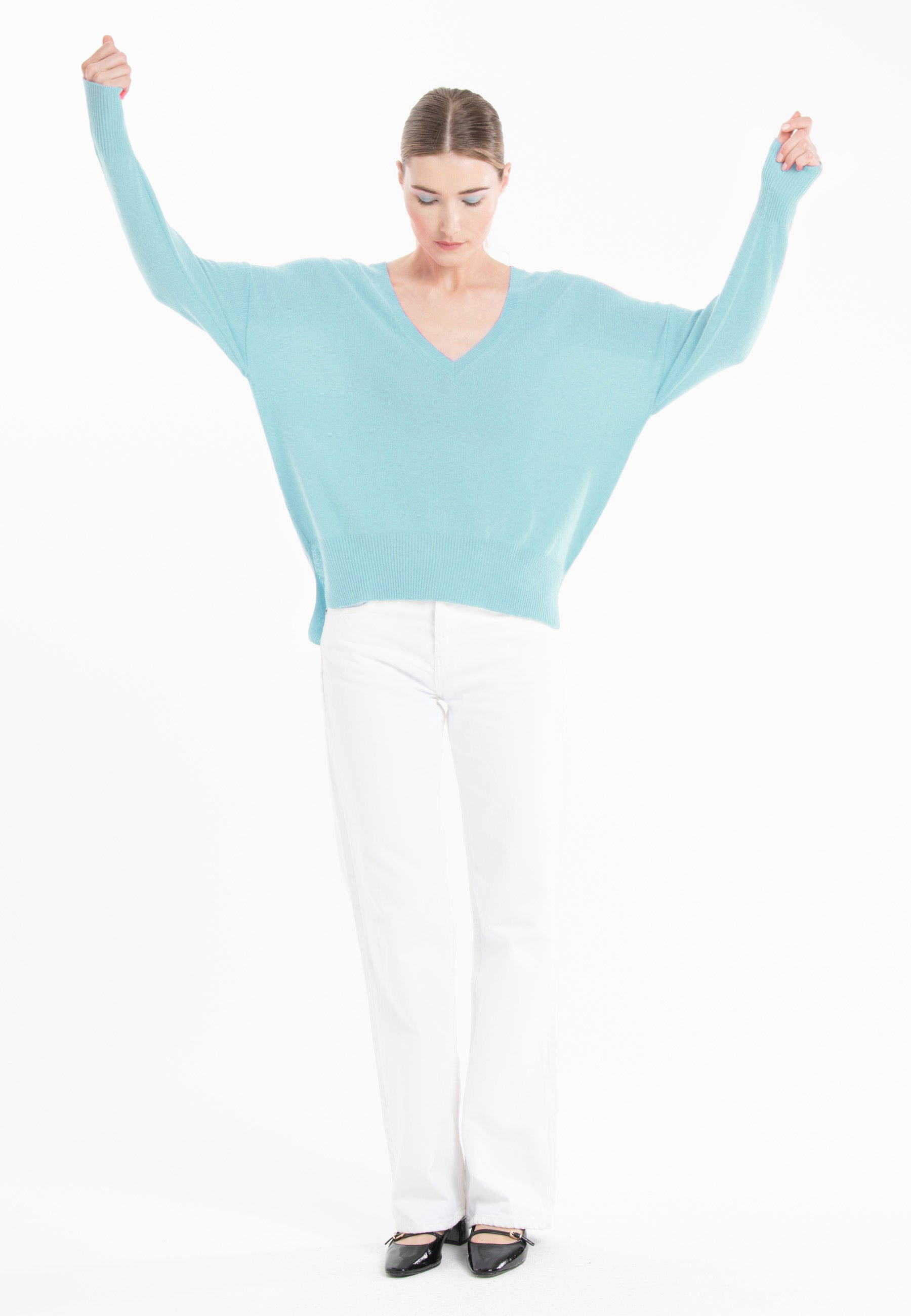 Pull col V cachemire turquoise femme - RIA 3-4