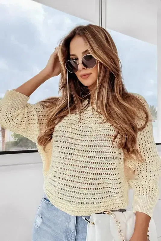 Apricot Open Knit Bracelet Sleeve Sweater-4