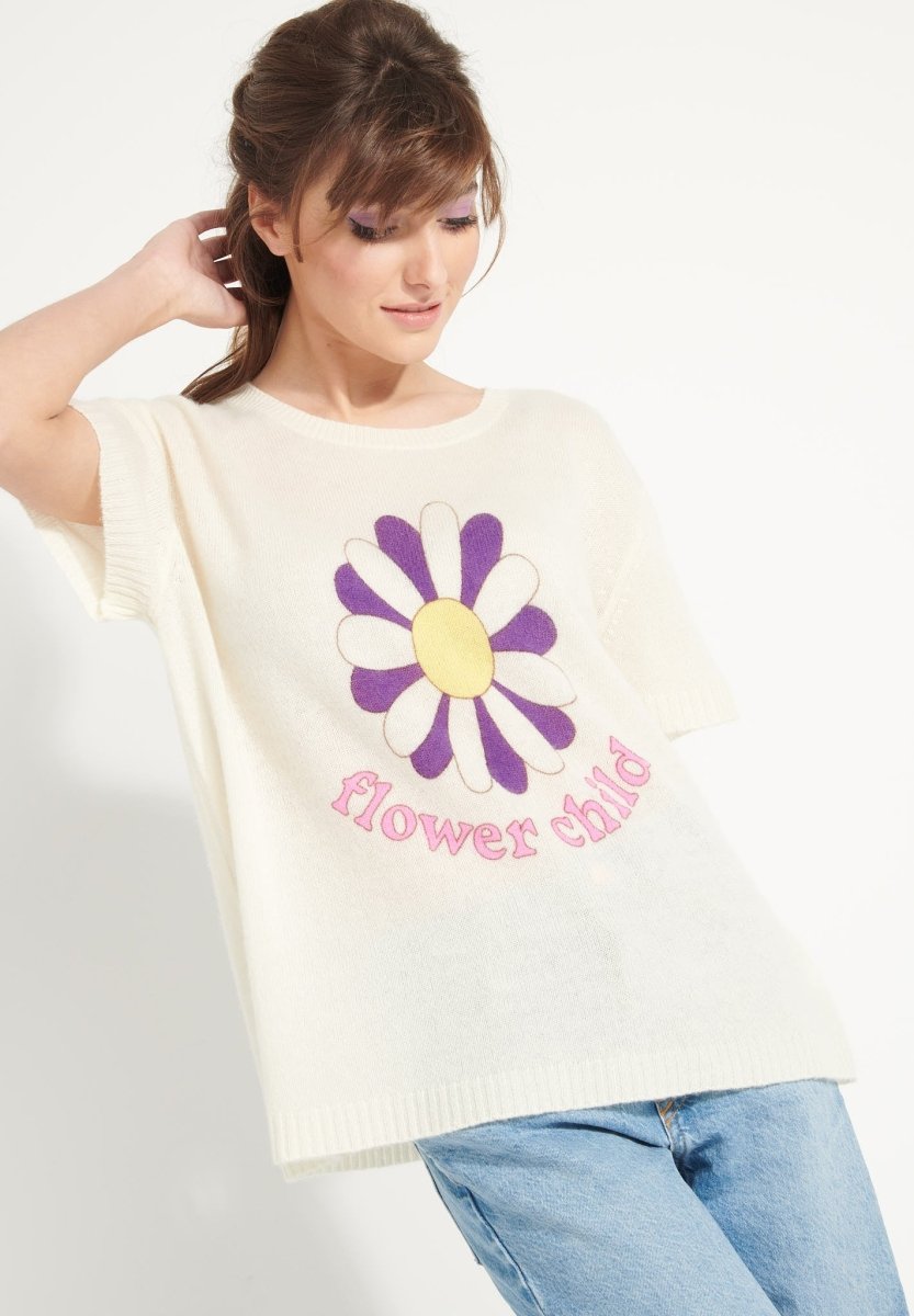 T-shirt col rond cachemire blanc écru/imprimé fleurs multicouleur femme - AVA 8-4