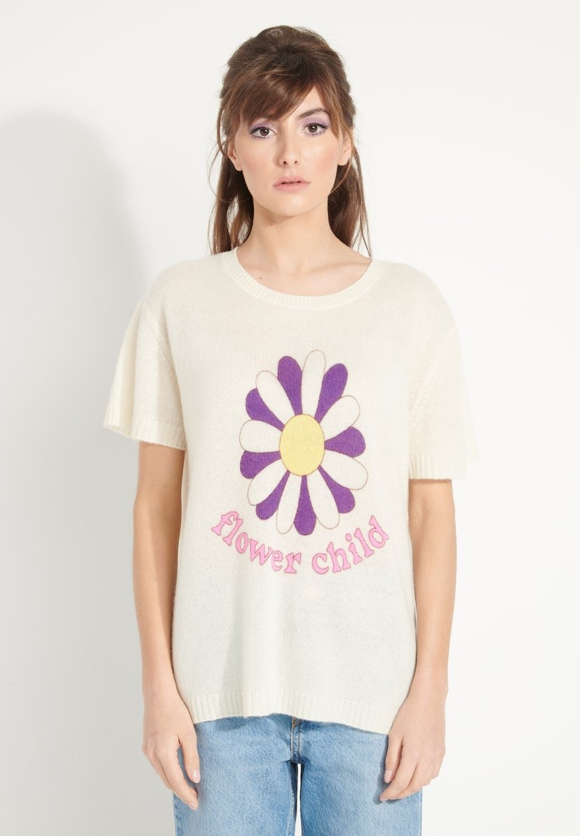T-shirt col rond cachemire blanc écru/imprimé fleurs multicouleur femme - AVA 8-0