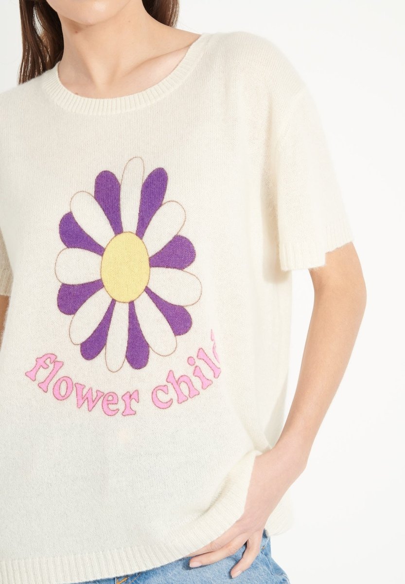 T-shirt col rond cachemire blanc écru/imprimé fleurs multicouleur femme - AVA 8-2