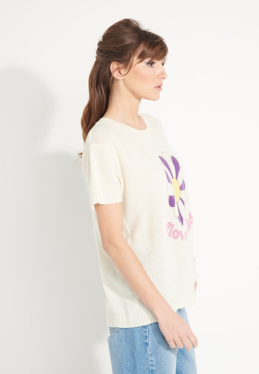 T-shirt col rond cachemire blanc écru/imprimé fleurs multicouleur femme - AVA 8-1