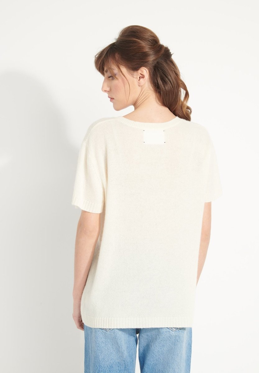 T-shirt col rond cachemire blanc écru/imprimé fleurs multicouleur femme - AVA 8-3