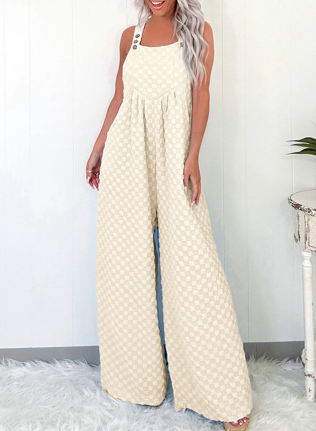 Checkered Wide-Leg Overalls-0
