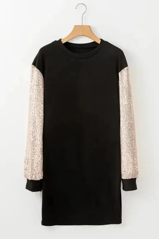 Black Sequin Puff Sleeve Shift Mini Dress-4