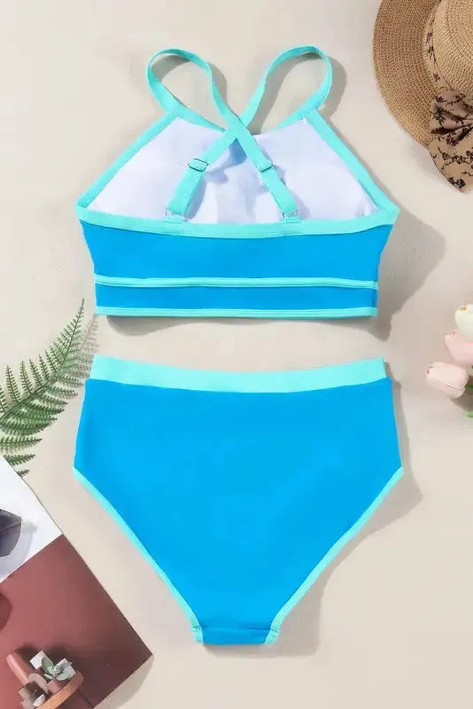 Blue High Waist Bikini - Contrast Trim Crisscross Back-1
