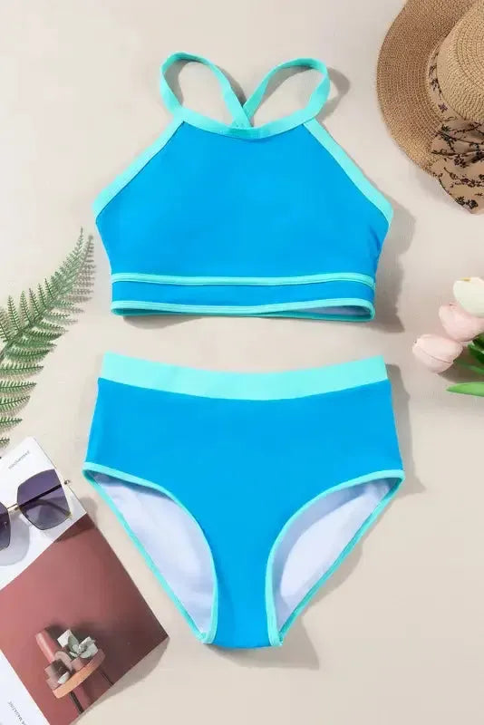 Blue High Waist Bikini - Contrast Trim Crisscross Back-0