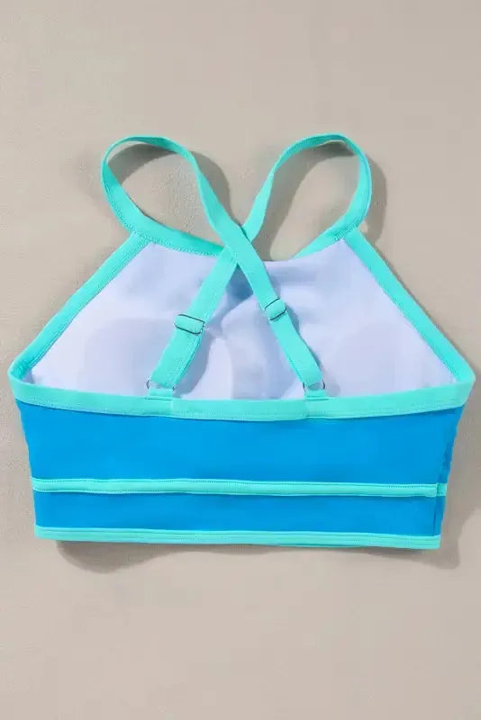 Blue High Waist Bikini - Contrast Trim Crisscross Back-3