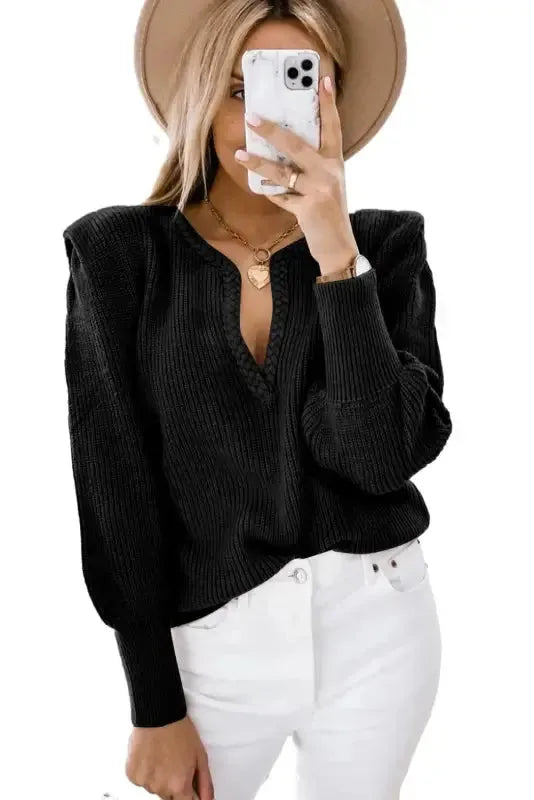 Braided Notched V-Neckline Puff Sleeve Knitted Sweater-3