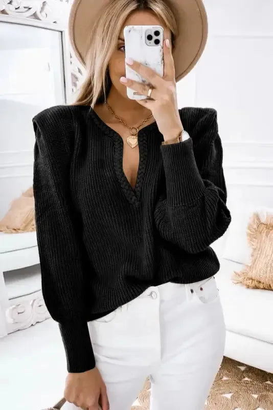 Braided Notched V-Neckline Puff Sleeve Knitted Sweater-1