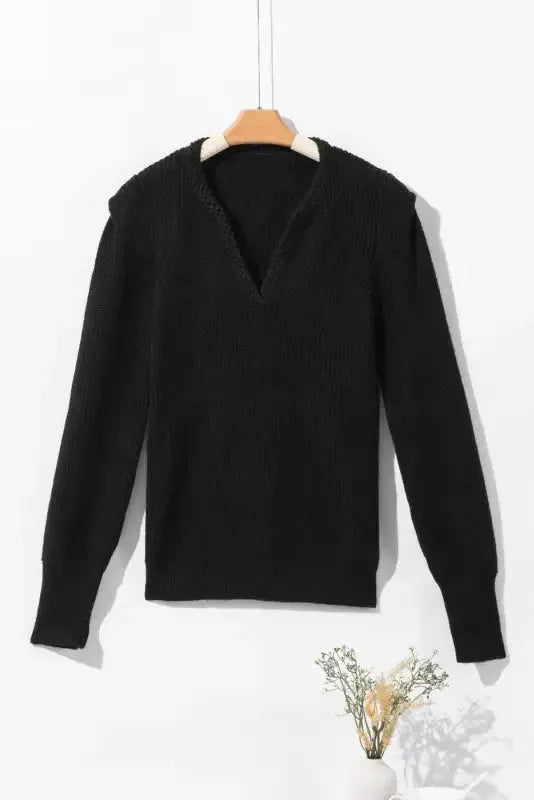 Braided Notched V-Neckline Puff Sleeve Knitted Sweater-4