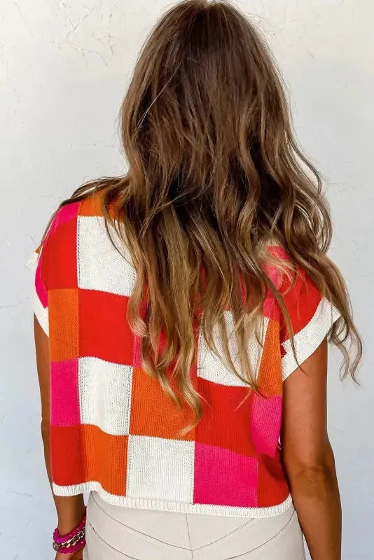 Cap Sleeve Sweater - Red Color Block-1