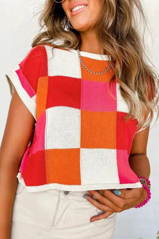 Cap Sleeve Sweater - Red Color Block-0