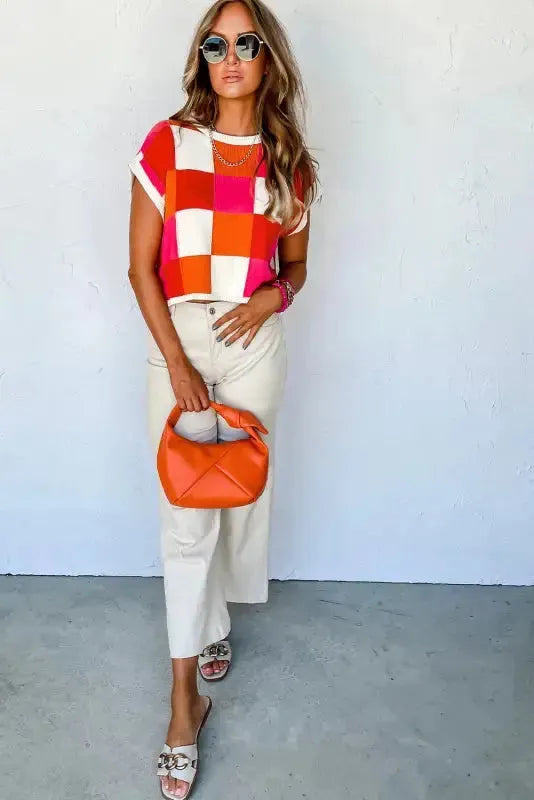 Cap Sleeve Sweater - Red Color Block-3