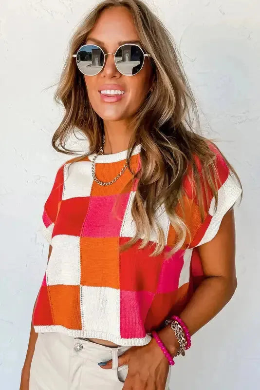 Cap Sleeve Sweater - Red Color Block-2