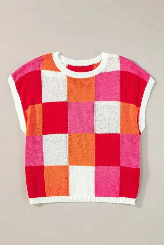 Cap Sleeve Sweater - Red Color Block-4