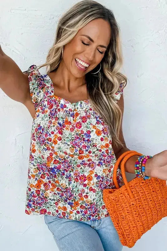 Floral Flutter Tank Top - Square Neck Rose Red-2