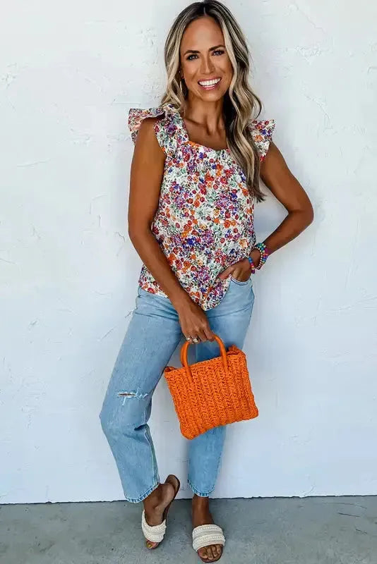 Floral Flutter Tank Top - Square Neck Rose Red-4