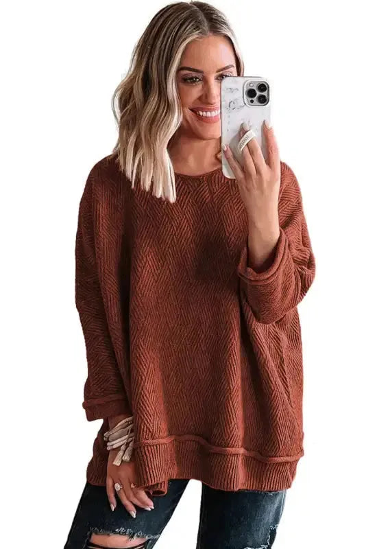 Gold Flame Solid Color Textured Crew Neck Loose Sweater-3