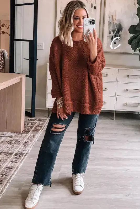 Gold Flame Solid Color Textured Crew Neck Loose Sweater-2