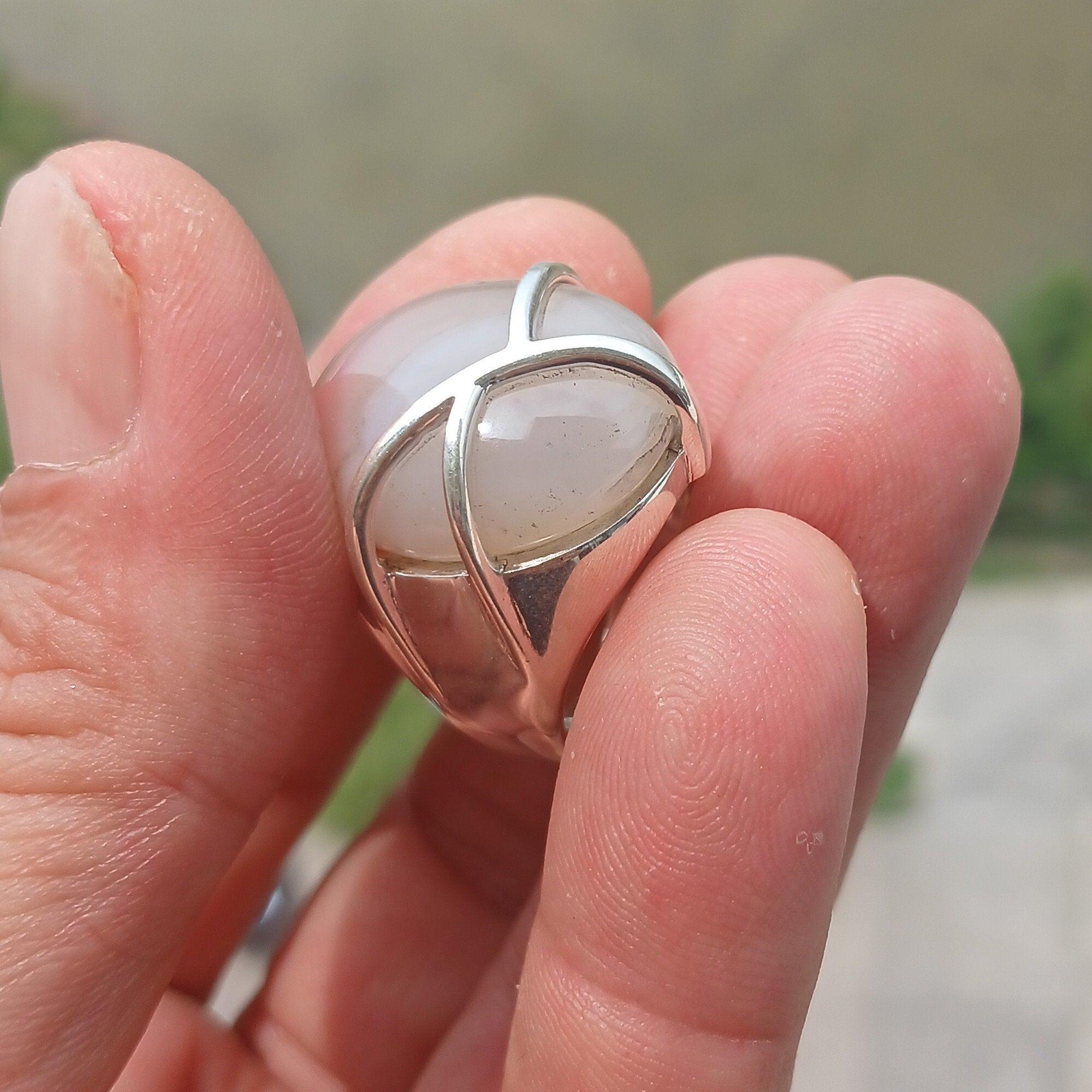 Agate Silver Ring, Artistic Sterling Silver Ring, oval shaped white and pink Agate Cabochon, Gift for her, unique design, Handmade - Size 8-4