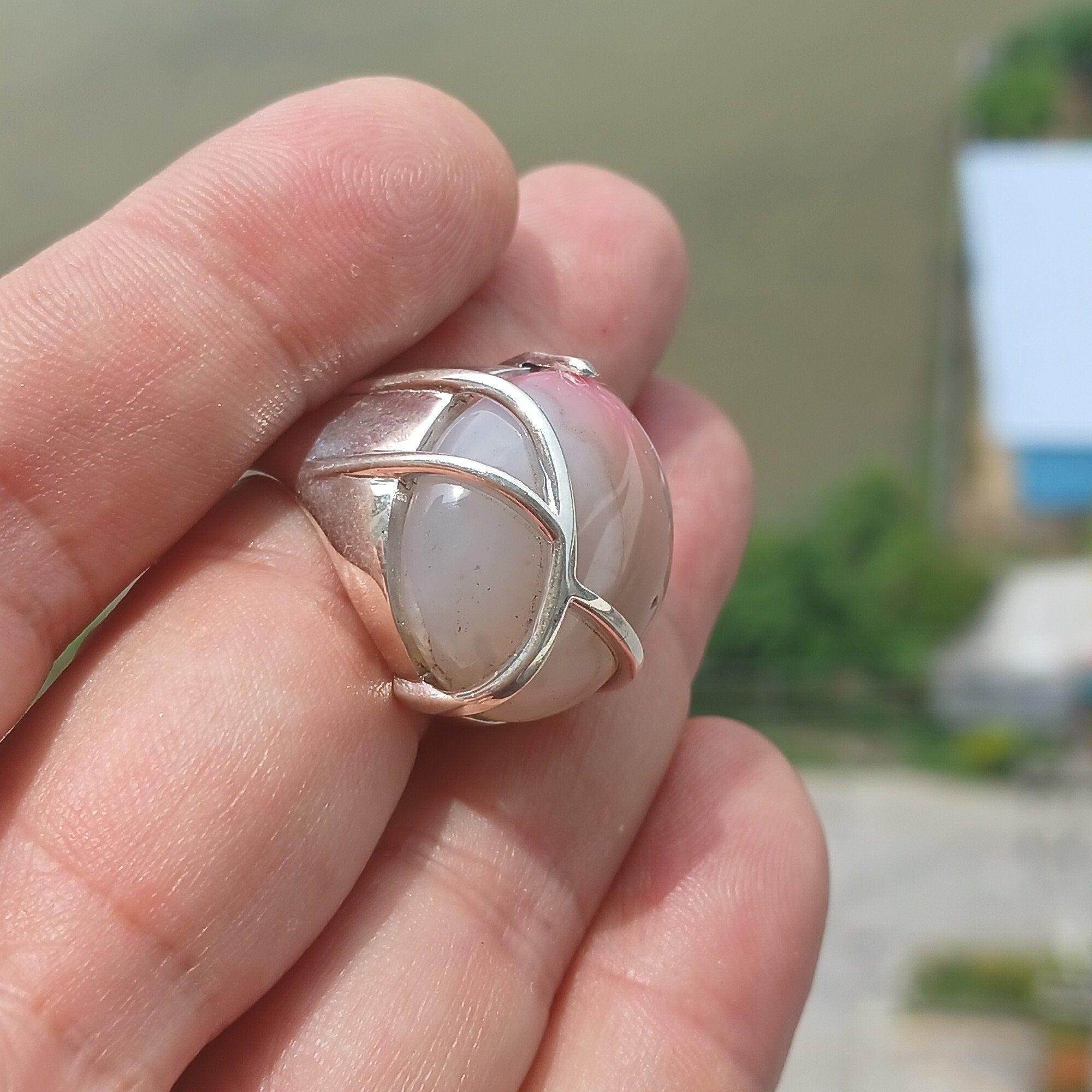 Agate Silver Ring, Artistic Sterling Silver Ring, oval shaped white and pink Agate Cabochon, Gift for her, unique design, Handmade - Size 8-0