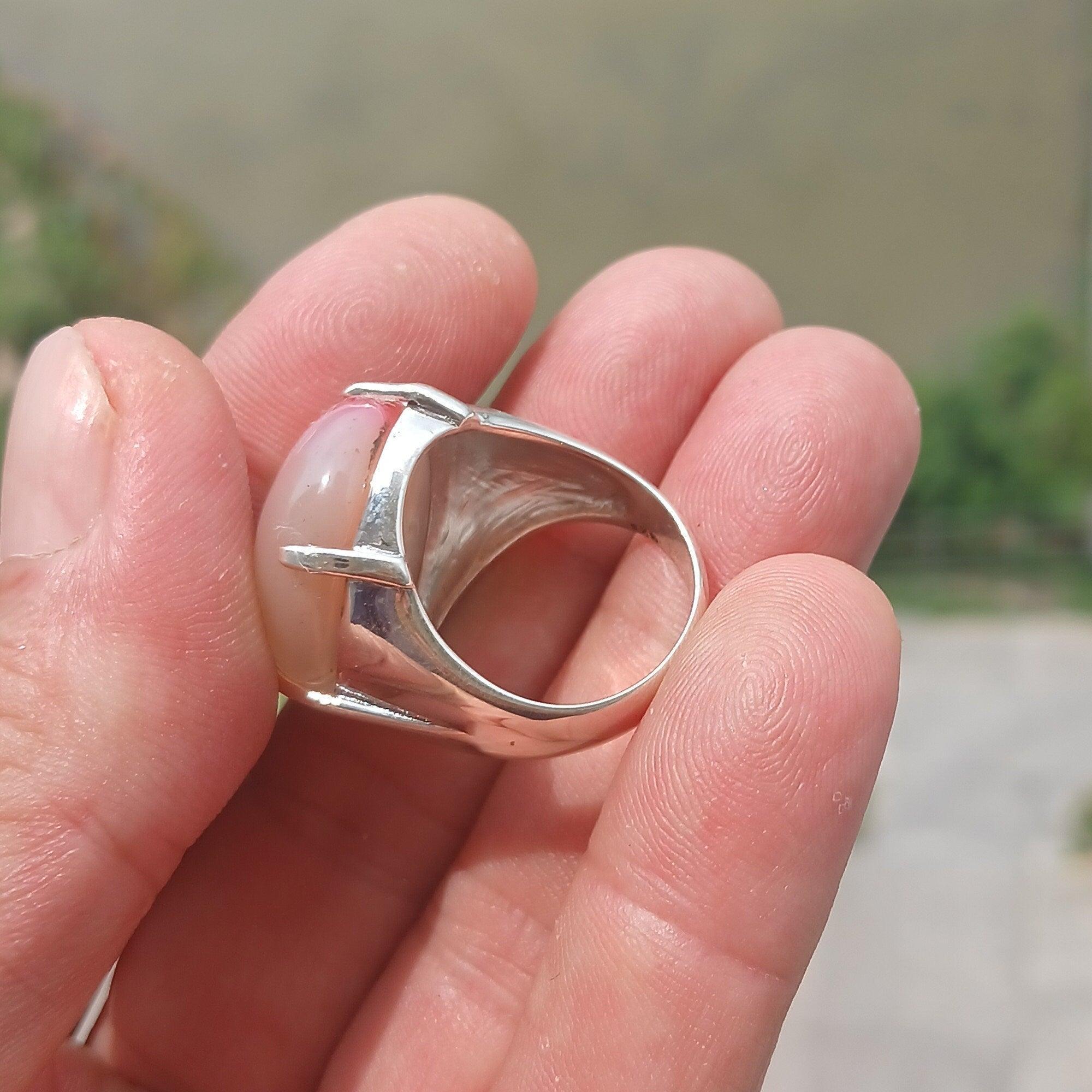 Agate Silver Ring, Artistic Sterling Silver Ring, oval shaped white and pink Agate Cabochon, Gift for her, unique design, Handmade - Size 8-2