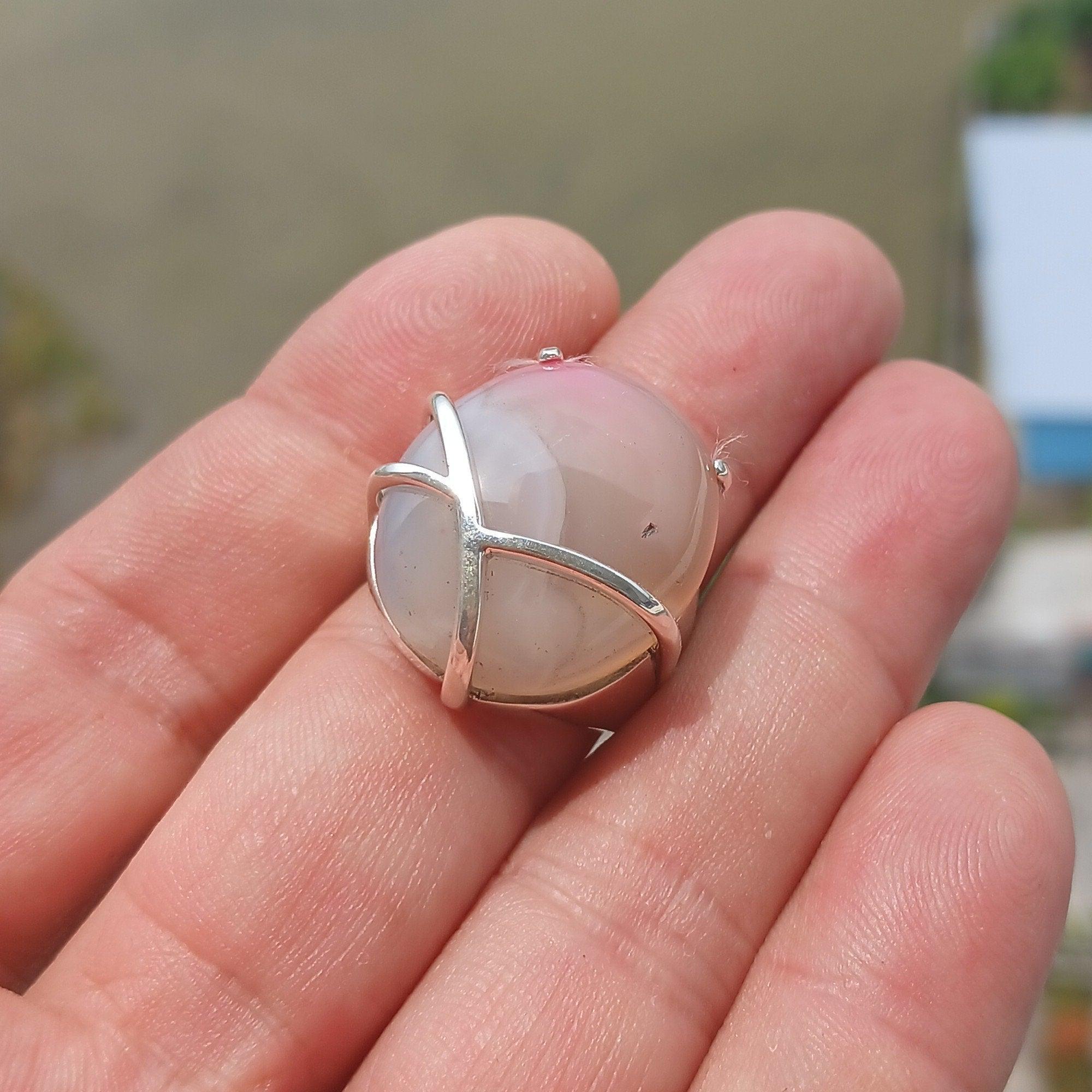 Agate Silver Ring, Artistic Sterling Silver Ring, oval shaped white and pink Agate Cabochon, Gift for her, unique design, Handmade - Size 8-3
