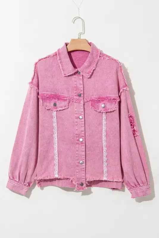 Lace Accents Distressed Denim Jacket-0