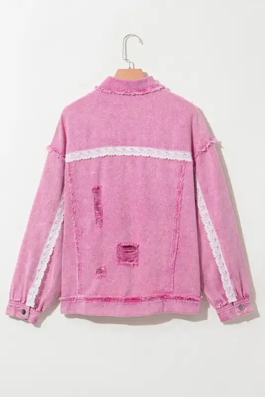 Lace Accents Distressed Denim Jacket-1
