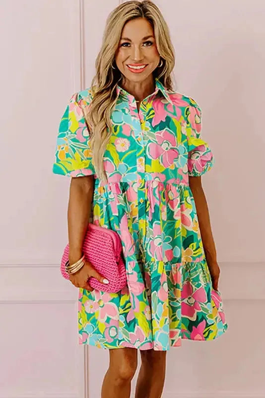 Lorelei Floral Dress - Puff Sleeve Collar Buttoned Babydoll-4