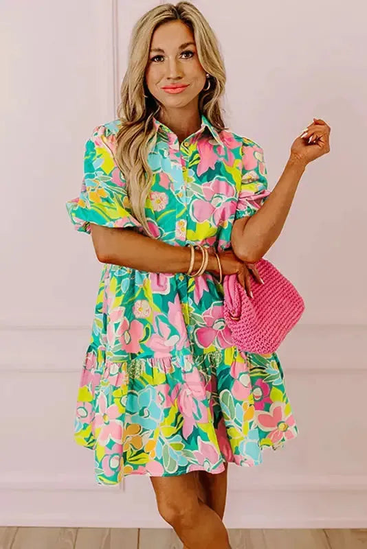 Lorelei Floral Dress - Puff Sleeve Collar Buttoned Babydoll-3