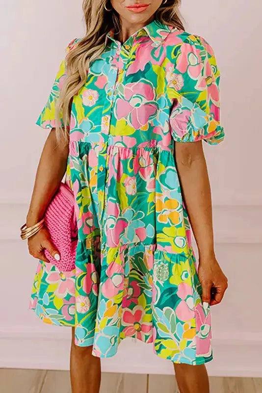 Lorelei Floral Dress - Puff Sleeve Collar Buttoned Babydoll-0