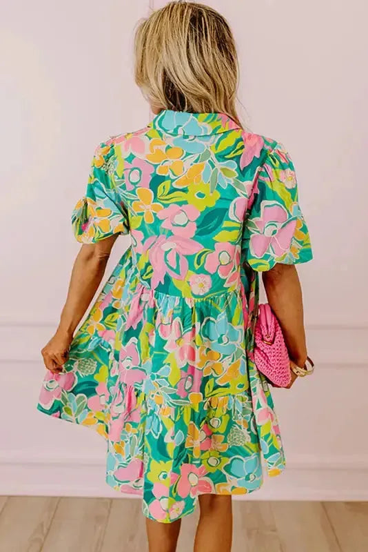 Lorelei Floral Dress - Puff Sleeve Collar Buttoned Babydoll-1