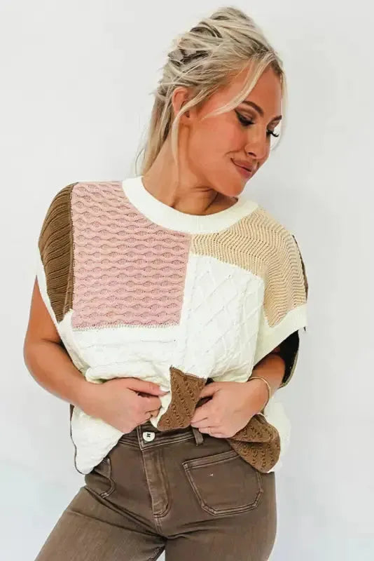 Multicolor Colorblock Mix Textured Sweater Tee-3