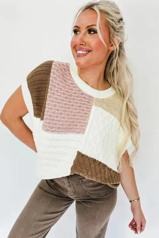 Multicolor Colorblock Mix Textured Sweater Tee-4